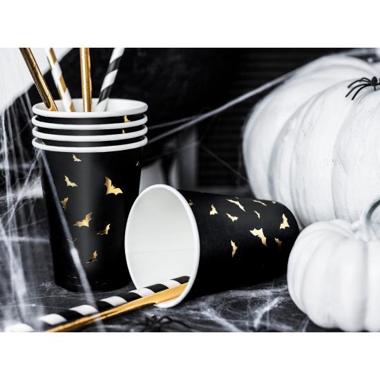 6 vasos negros con murciélagos dorados de papel - Trick or Treat Collection