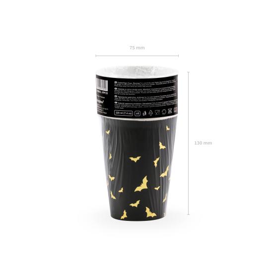 6 vasos negros con murciélagos dorados de papel - Trick or Treat Collection
