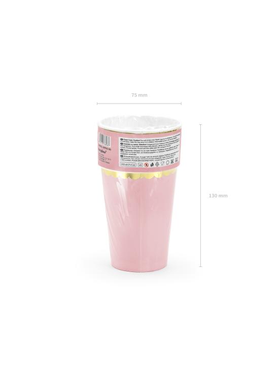 6 vasos rosa pastel con borde dorado de papel - Yummy