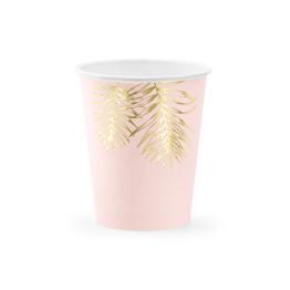 6 vasos rosas con hojas doradas de papel