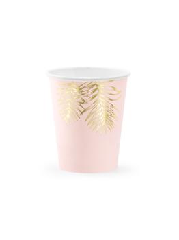 6 vasos rosas con hojas doradas de papel