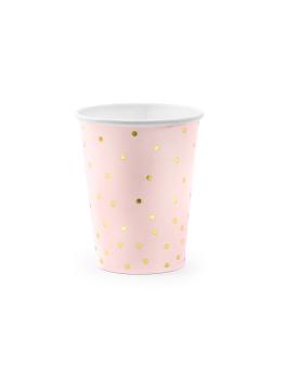 6 vasos rosas con lunares dorados de papel