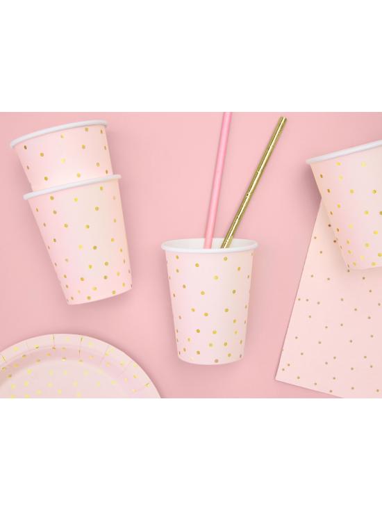 6 vasos rosas con lunares dorados de papel