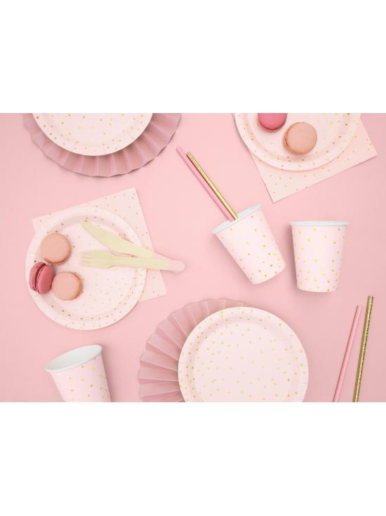 6 vasos rosas con lunares dorados de papel