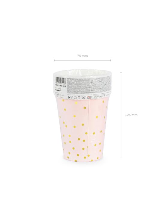 6 vasos rosas con lunares dorados de papel