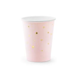 6 vasos rosas pastel con estrellas doradas de papel