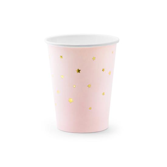 6 vasos rosas pastel con estrellas doradas de papel
