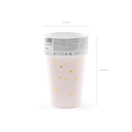6 vasos rosas pastel con estrellas doradas de papel