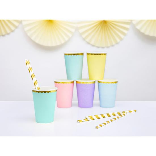 6 vasos verde menta pastel con borde dorado de papel - Yummy