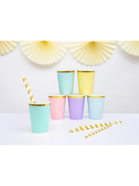 6 vasos verde menta pastel con borde dorado de papel - Yummy
