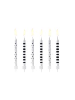 6 velas blancas y negras con estampado variado (6,5 cm)