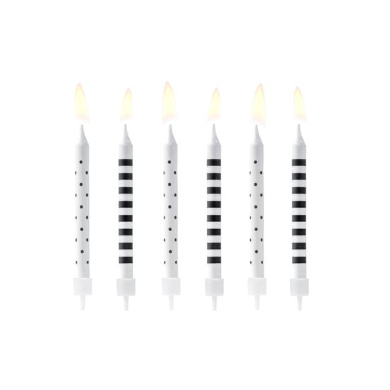 6 velas blancas y negras con estampado variado (6,5 cm)