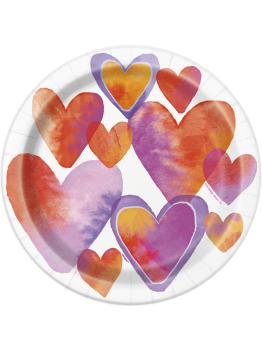 8 platos con corazones de acuarela (23 cm) - Watercolour Hearts