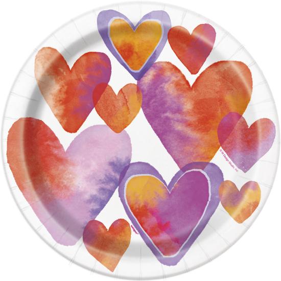 8 platos con corazones de acuarela (23 cm) - Watercolour Hearts