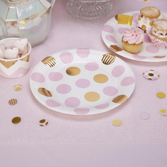 8 platos de lunares rosas y dorados (23cm) - Pattern Works Pink