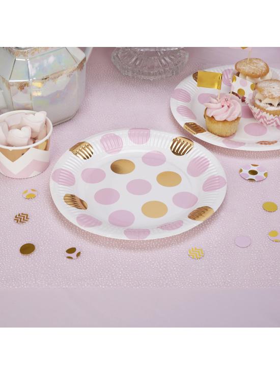 8 platos de lunares rosas y dorados (23cm) - Pattern Works Pink