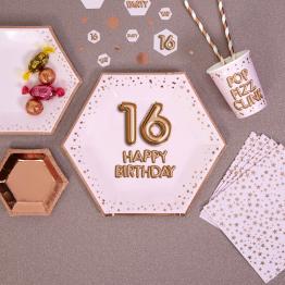8 platos hexagonales "16 Happy Birthday" de papel (27 cm) - Glitz & Glamour Pink & Rose Gold