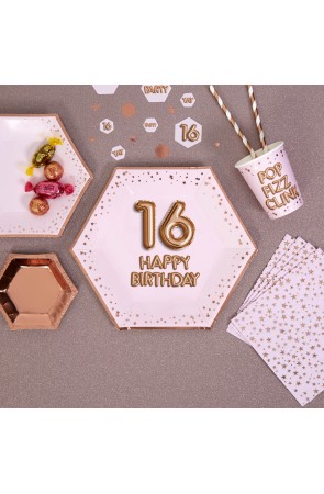 8 platos hexagonales "16 Happy Birthday" de papel (27 cm) - Glitz & Glamour Pink & Rose Gold