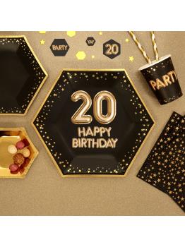 8 platos hexagonales "20 Happy Birthday" de papel (27 cm) - Glitz & Glamour Black & Gold