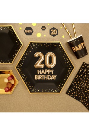 8 platos hexagonales "20 Happy Birthday" de papel (27 cm) - Glitz & Glamour Black & Gold