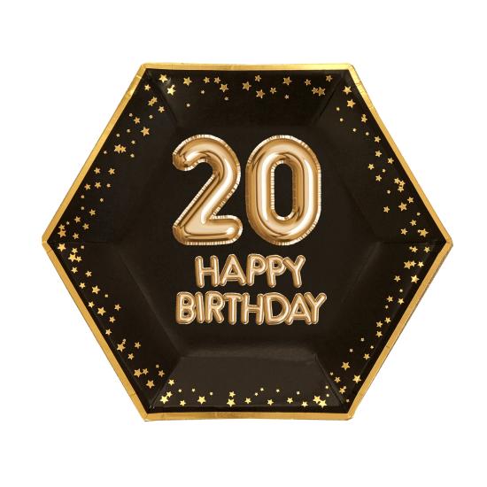8 platos hexagonales "20 Happy Birthday" de papel (27 cm) - Glitz & Glamour Black & Gold