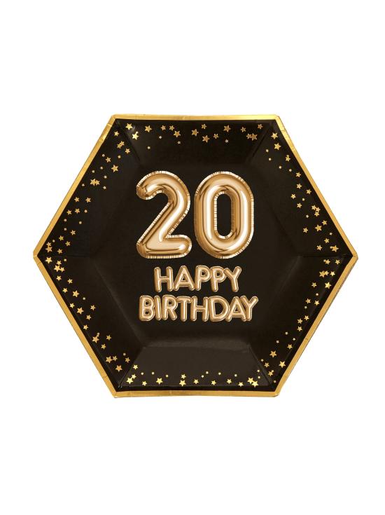 8 platos hexagonales "20 Happy Birthday" de papel (27 cm) - Glitz & Glamour Black & Gold