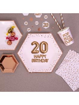 8 platos hexagonales "20 Happy Birthday" de papel (27 cm) - Glitz & Glamour Pink & Rose Gold
