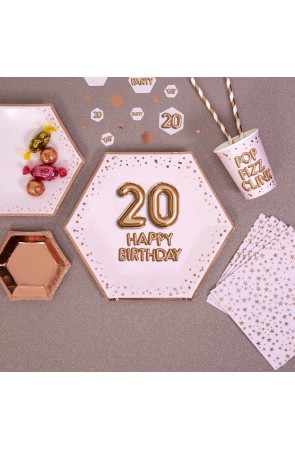8 platos hexagonales "20 Happy Birthday" de papel (27 cm) - Glitz & Glamour Pink & Rose Gold