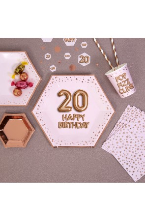 8 platos hexagonales "20 Happy Birthday" de papel (27 cm) - Glitz & Glamour Pink & Rose Gold
