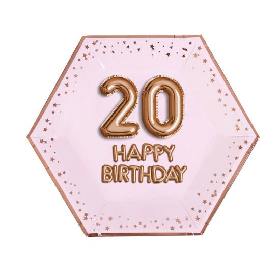 8 platos hexagonales "20 Happy Birthday" de papel (27 cm) - Glitz & Glamour Pink & Rose Gold