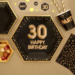 8 platos hexagonales "30 Happy Birthday" de papel (27 cm) - Glitz & Glamour Black & Gold