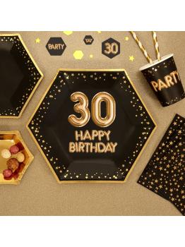 8 platos hexagonales "30 Happy Birthday" de papel (27 cm) - Glitz & Glamour Black & Gold