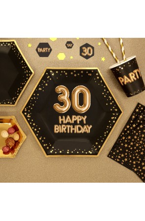 8 platos hexagonales "30 Happy Birthday" de papel (27 cm) - Glitz & Glamour Black & Gold