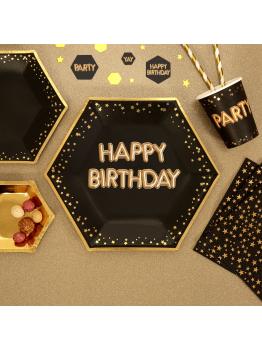 8 platos hexagonales "Happy Birthday" de papel (27 cm) - Glitz & Glamour Black & Gold