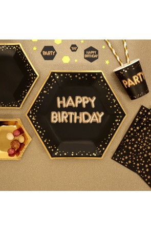 8 platos hexagonales "Happy Birthday" de papel (27 cm) - Glitz & Glamour Black & Gold