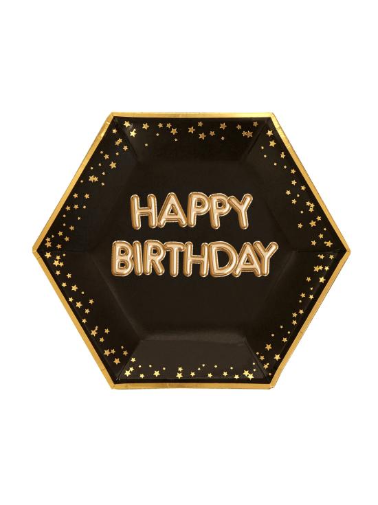 8 platos hexagonales "Happy Birthday" de papel (27 cm) - Glitz & Glamour Black & Gold