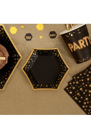 8 platos hexagonales de papel (12,5 cm) - Glitz & Glamour Black & Gold