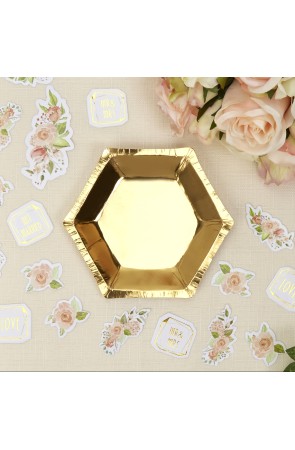 8 platos hexagonales dorados de papel (12,5 cm) - Glitz & Glamour Black & Gold