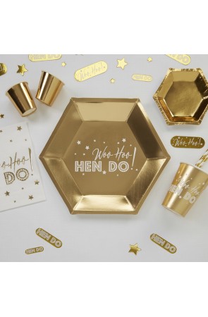 8 platos hexagonales dorados de papel (27 cm) - Woo Hoo Hen Do