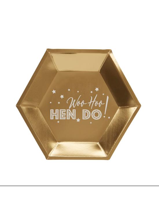 8 platos hexagonales dorados de papel (27 cm) - Woo Hoo Hen Do