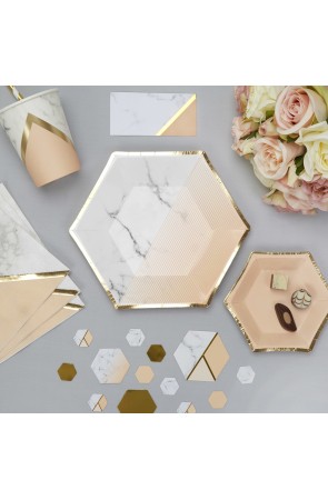 8 platos hexagonales medianos con estampado geométrico melocotón (20 cm) - Colour Block Marble