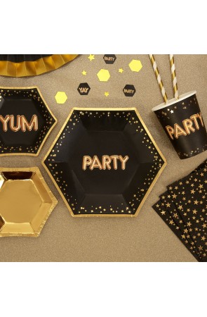 8 platos hexagonales medianos de papel "Party" de papel (20 cm) - Glitz & Glamour Black & Gold