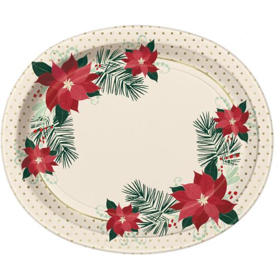 8 platos ovalados con flores de pascua (31x25 cm) - Red & Gold Poinsettia