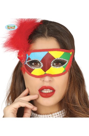 Antifaz de arlequín multicolor con pluma roja para adulto