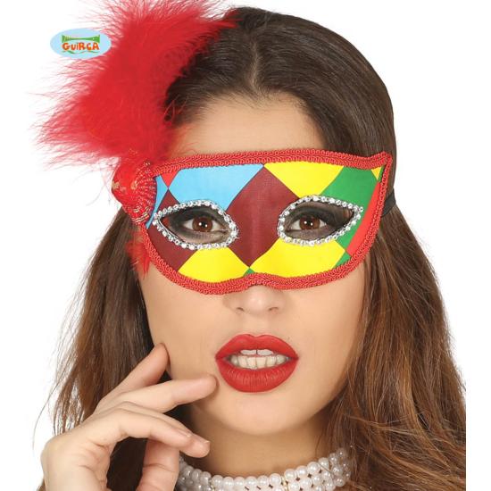 Antifaz de arlequín multicolor con pluma roja para adulto Antifaz de arlequín multicolor con pluma roja para adulto