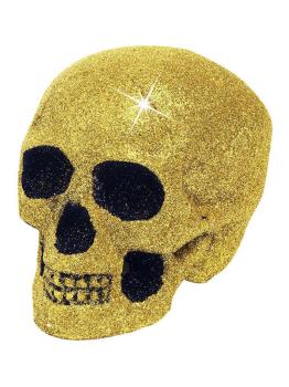 Calavera decorativa con purpurina dorada