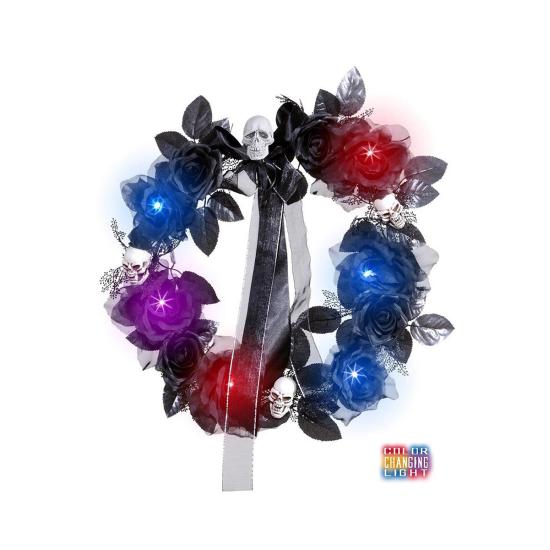 Corona de calaveras y rosas negras con luz cambiante
