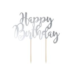 Decoración para tarta "Happy Birthday" plateado - Black & White