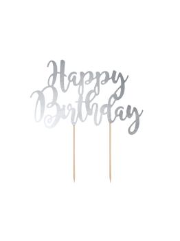 Decoración para tarta "Happy Birthday" plateado - Black & White