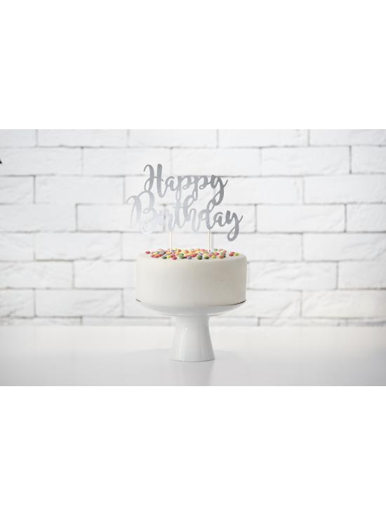 Decoración para tarta "Happy Birthday" plateado - Black & White